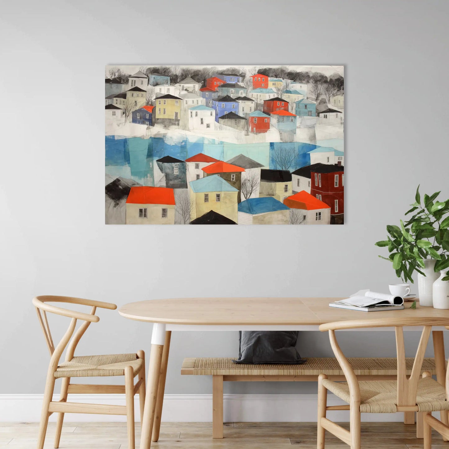Tableau Village Scandinave brumeux – Toits de feu dans la buée d’azur