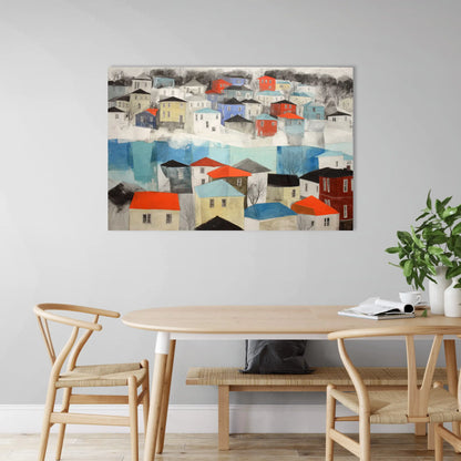Tableau Village Scandinave brumeux – Toits de feu dans la buée d’azur