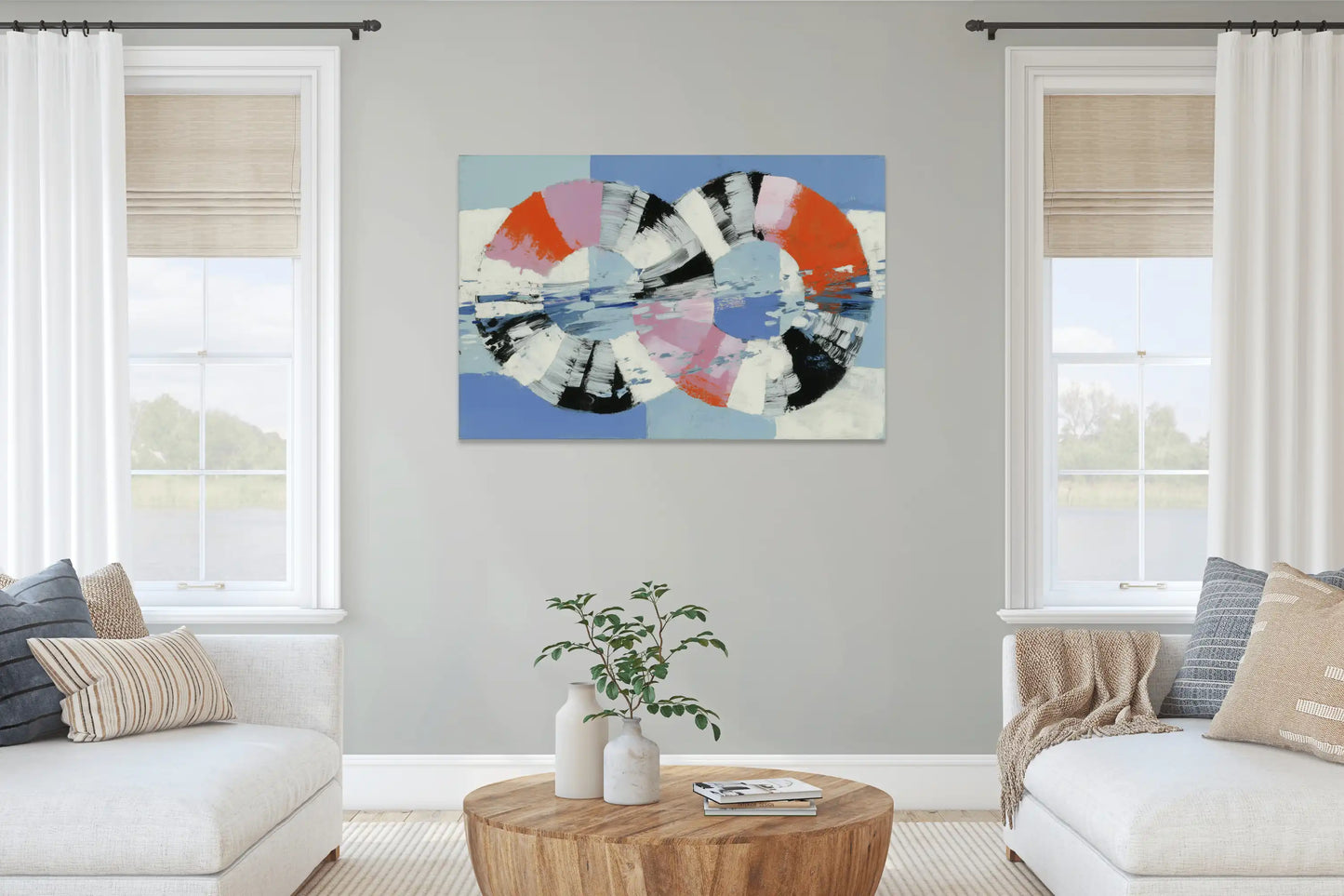 Tableau Boucles Infinies corail et azur scandinave – ritournelle polaire en mouvement