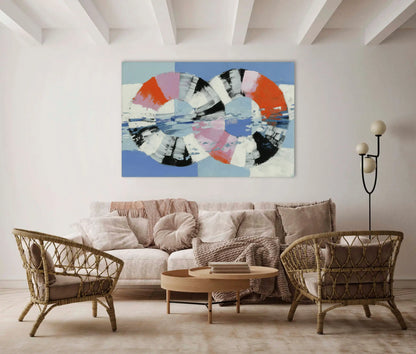 Tableau Boucles Infinies corail et azur scandinave – ritournelle polaire en mouvement