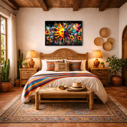 Buntes mexikanisches Wandbild – Heilige Sonne und florale Calaveras