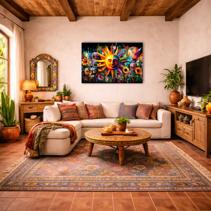 Buntes mexikanisches Wandbild – Heilige Sonne und florale Calaveras