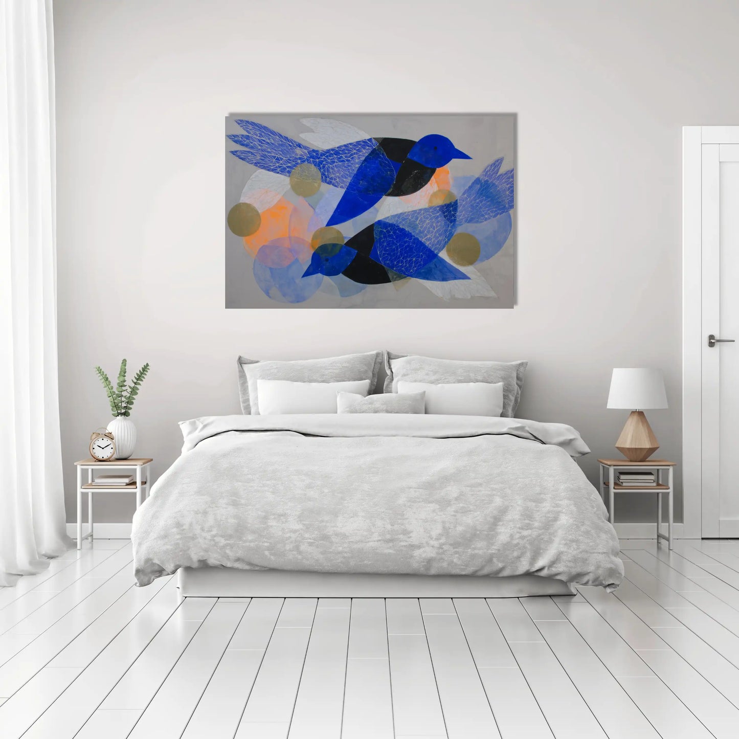 Tableau Nordique 1 - oiseaux bleus et cercles scandinaves