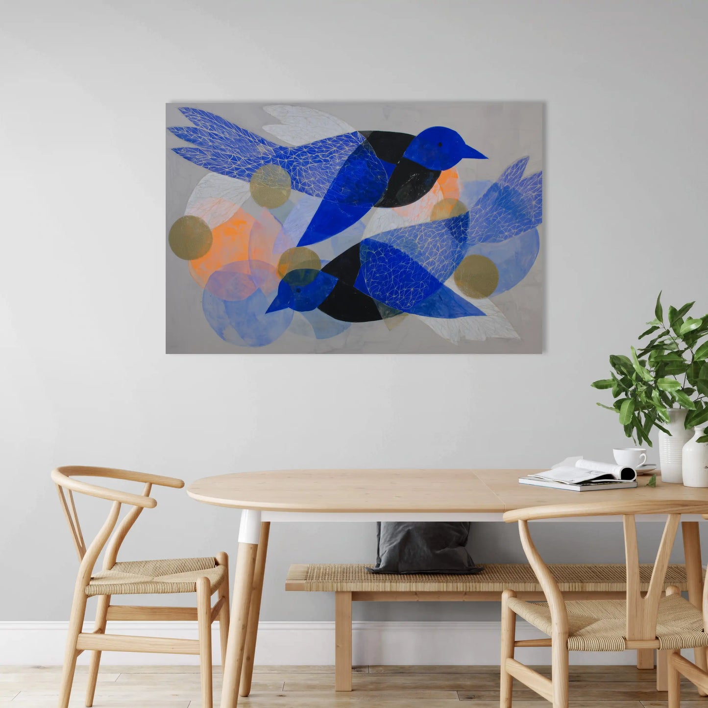 Tableau Nordique 1 - oiseaux bleus et cercles scandinaves