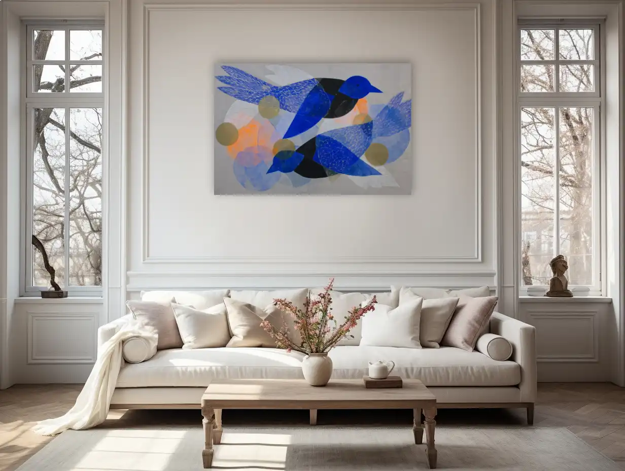 Tableau Nordique 1 - oiseaux bleus et cercles scandinaves