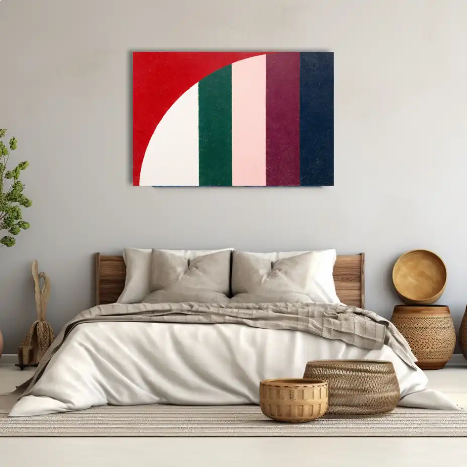Minimalist Canvas Print – Red Arc and Vertical Bands