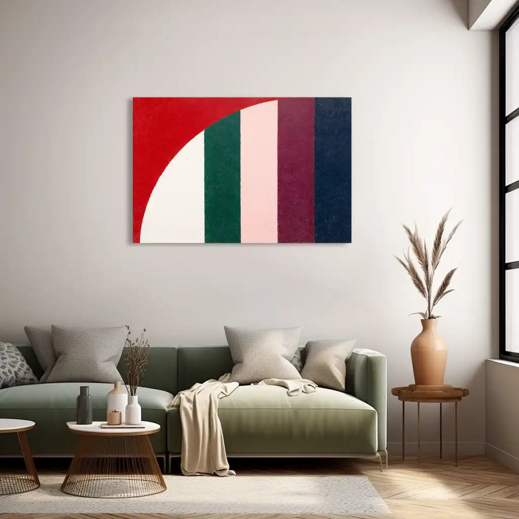 Minimalist Canvas Print – Red Arc and Vertical Bands