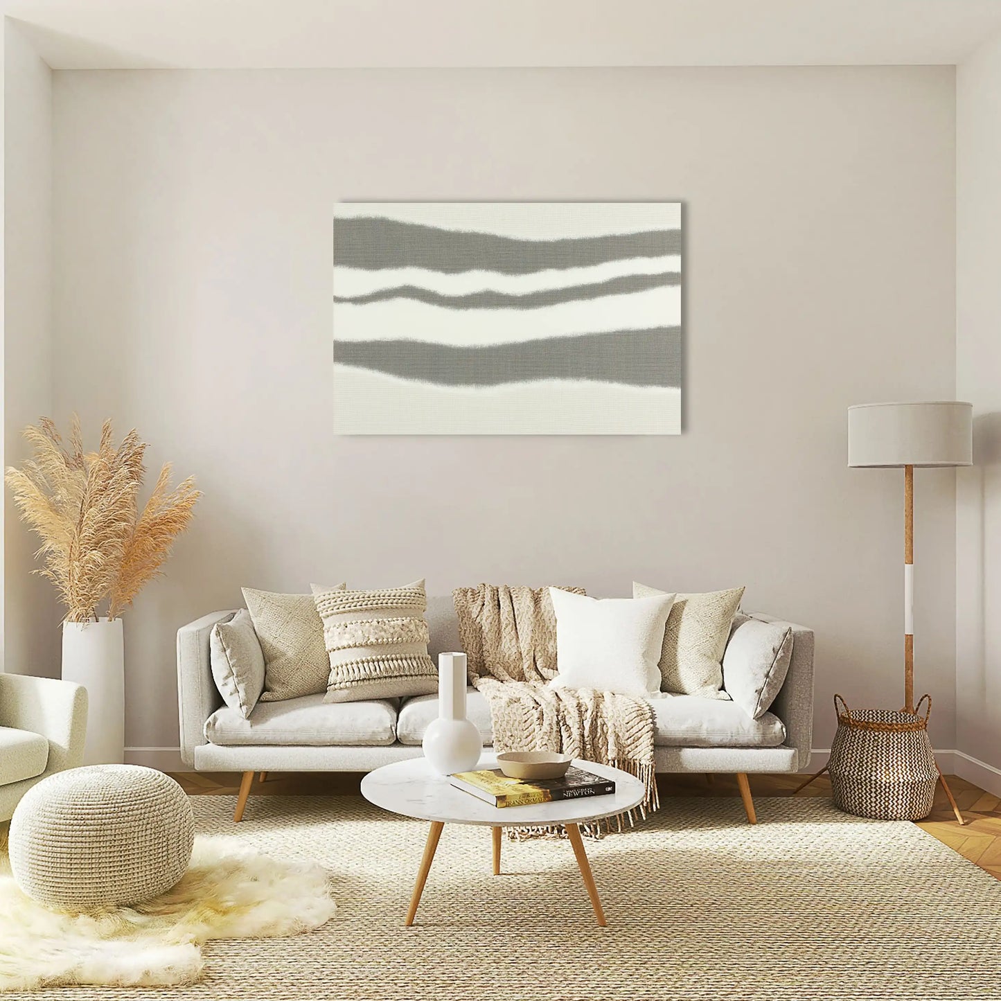 Toile Minimaliste a Bandes Ondulées Grises et Blanches