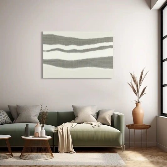 Toile Minimaliste a Bandes Ondulées Grises et Blanches