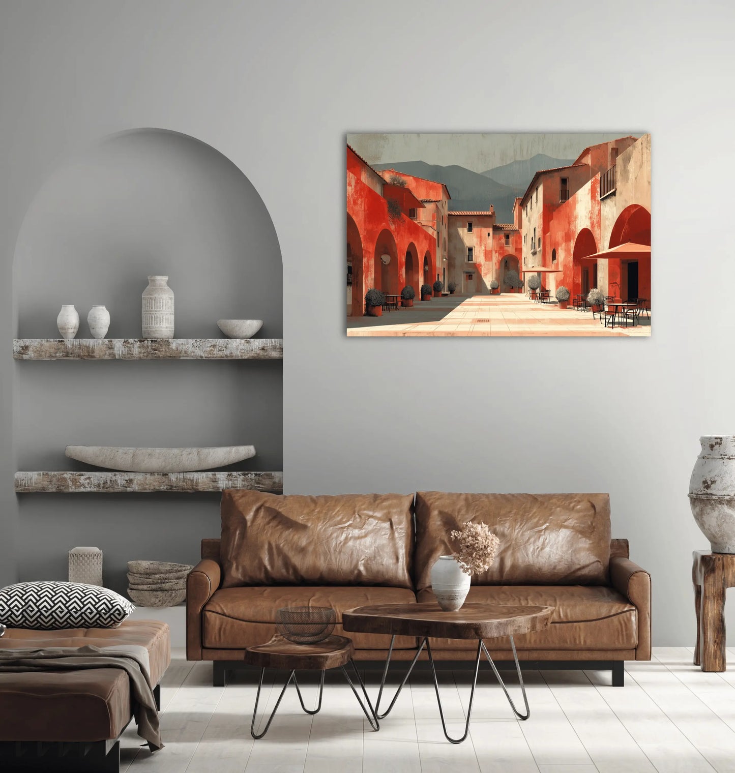 Toile Place Méditerranéenne aux Arcades Terracotta – Lueur solaire sur la piazza endormie