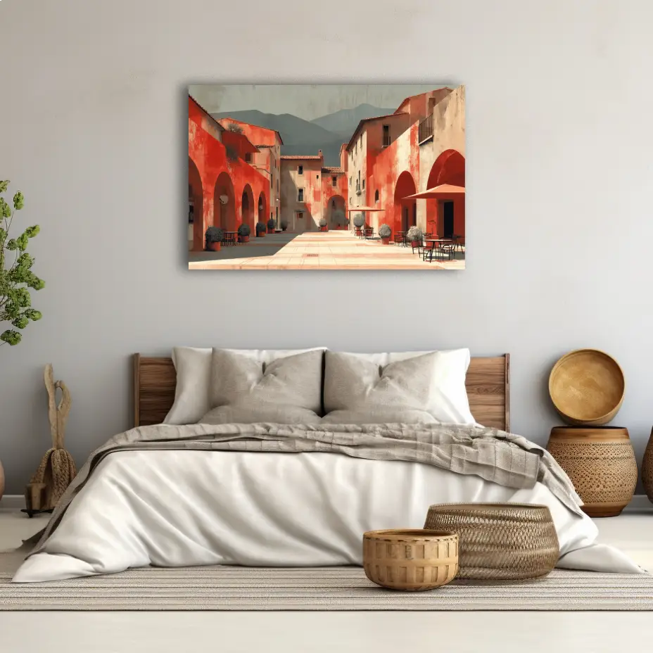 Toile Place Méditerranéenne aux Arcades Terracotta – Lueur solaire sur la piazza endormie