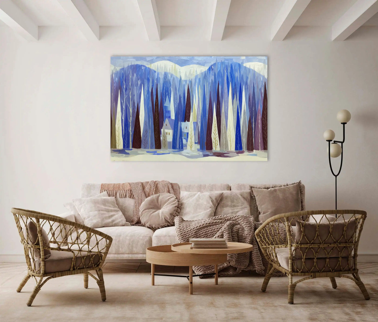 Toile Sylve boréale stylisée – Village d’hiver sous les épicéas
