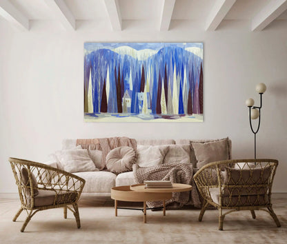 Toile Sylve boréale stylisée – Village d’hiver sous les épicéas