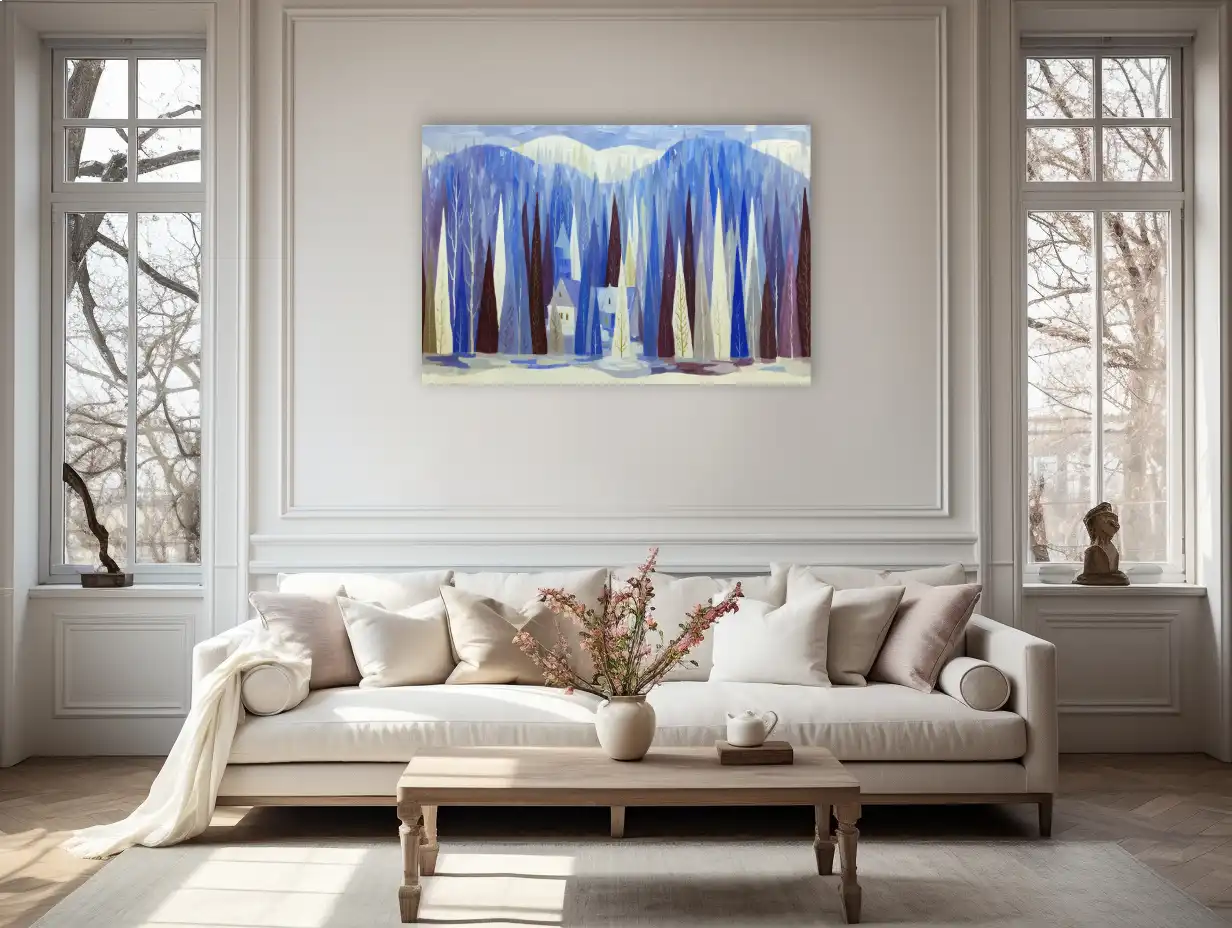 Toile Sylve boréale stylisée – Village d’hiver sous les épicéas