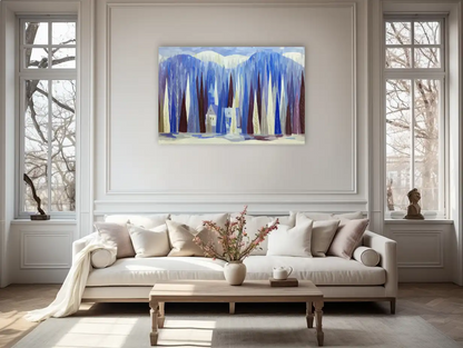 Toile Sylve boréale stylisée – Village d’hiver sous les épicéas