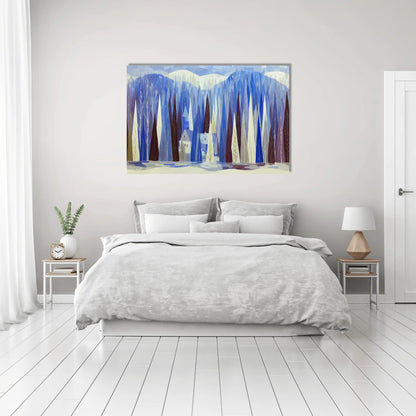 Toile Sylve boréale stylisée – Village d’hiver sous les épicéas