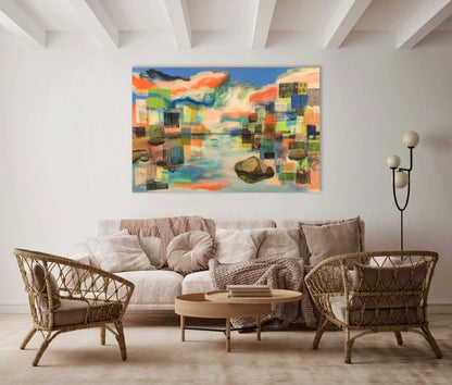 Toile boréale onirique – Rêverie d’îlots et nuages corail