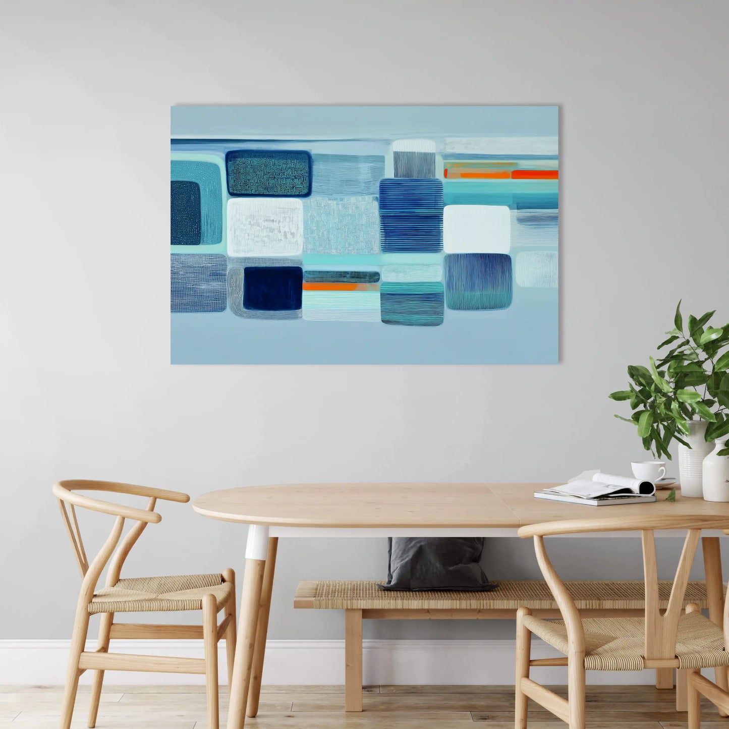 Nordic Minimalist Canvas Print – Cobalt Checkerboard with Coral Accent