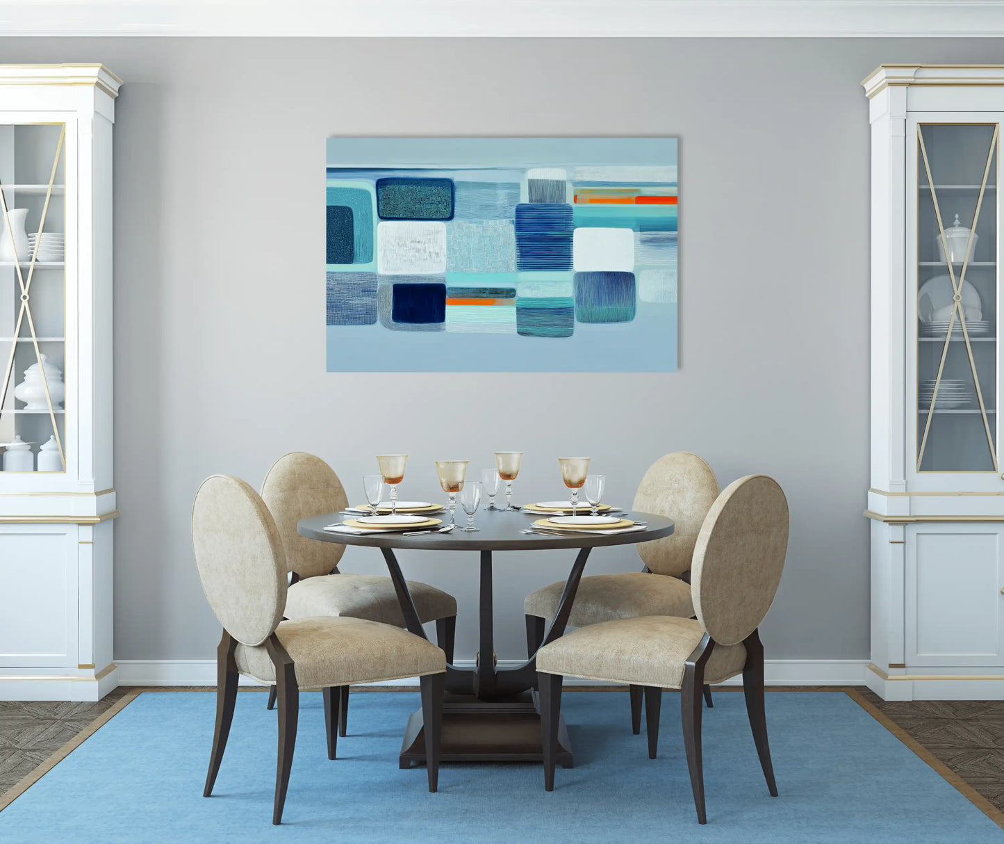 Nordic Minimalist Canvas Print – Cobalt Checkerboard with Coral Accent