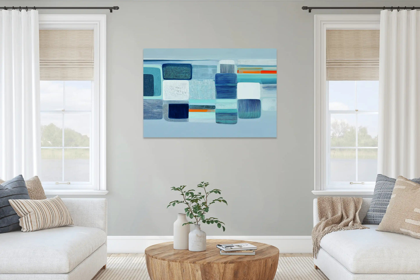 Nordic Minimalist Canvas Print – Cobalt Checkerboard with Coral Accent