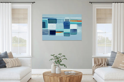 Nordic Minimalist Canvas Print – Cobalt Checkerboard with Coral Accent
