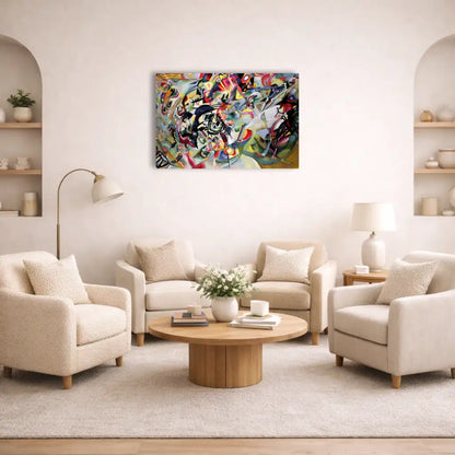 wassily kandinsky composition 7 peinture abstraite horizontale tourbillon de rouges jaunes verts et noirs sur fond clair