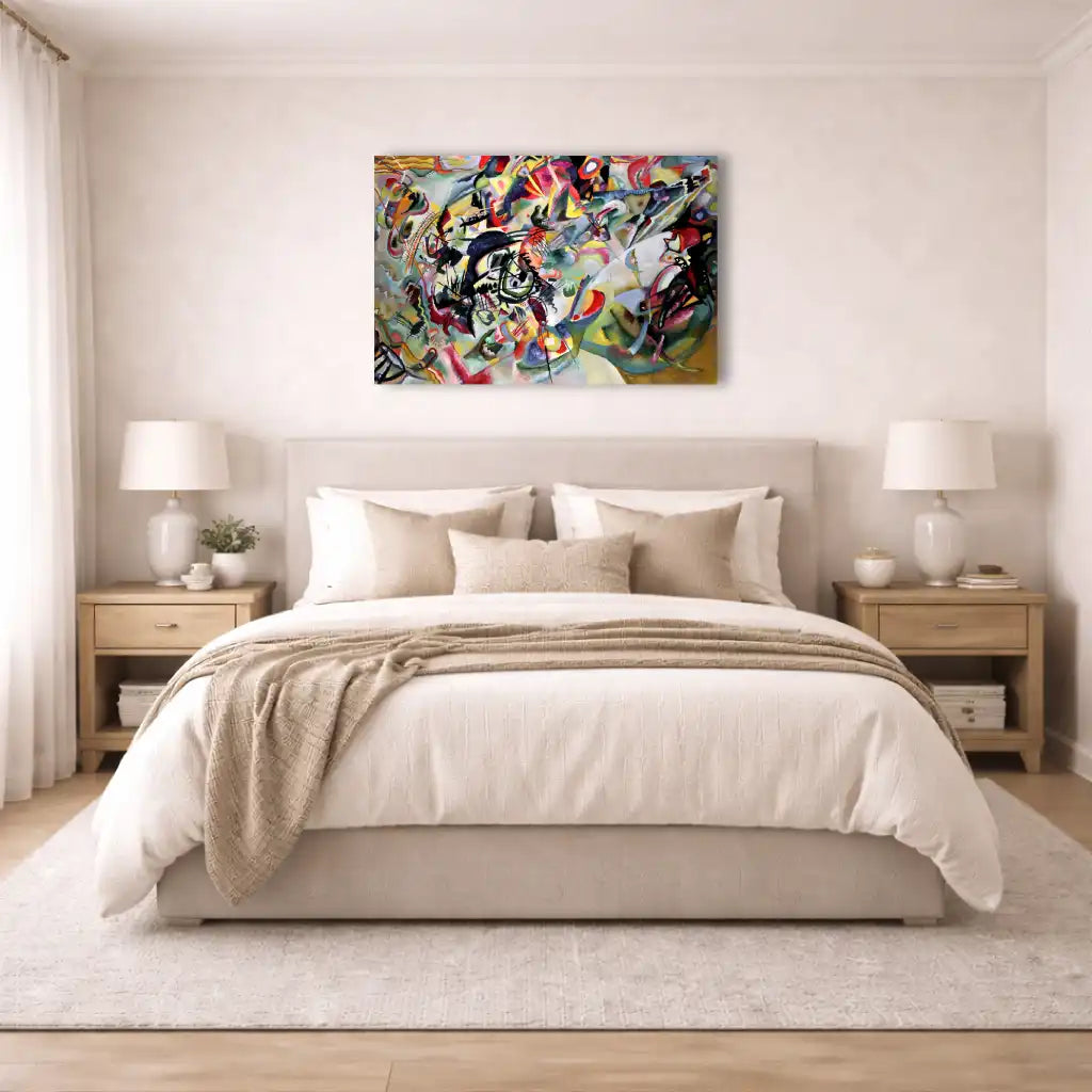 wassily kandinsky composition 7 toile détail texture premium couleurs vives abstrait tourbillon rouge jaune bleu chambre