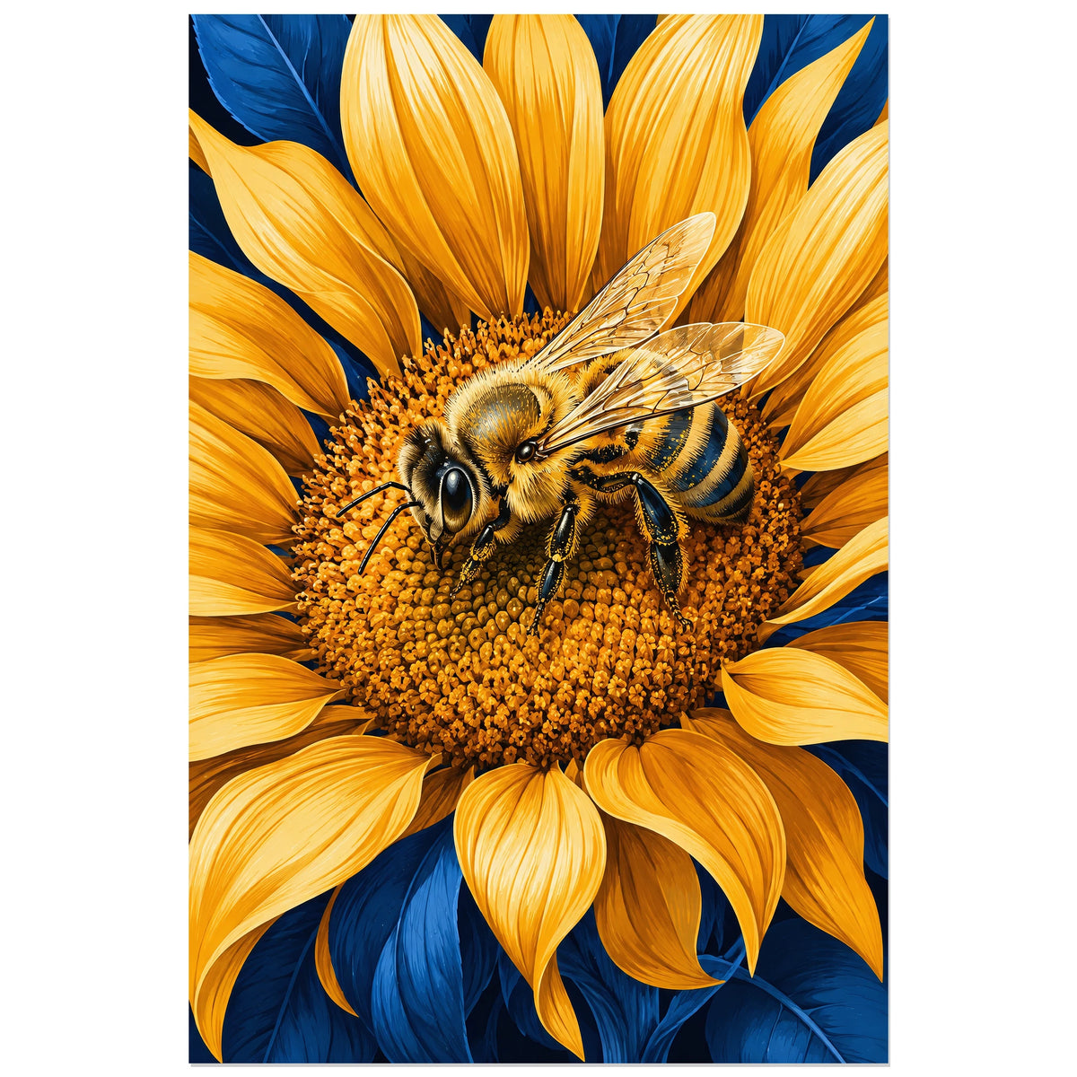 Affiche Abeille dorée – Fleur solaire, illustration naturaliste moderne / macro graphique verticale, format 30 × 45 cm