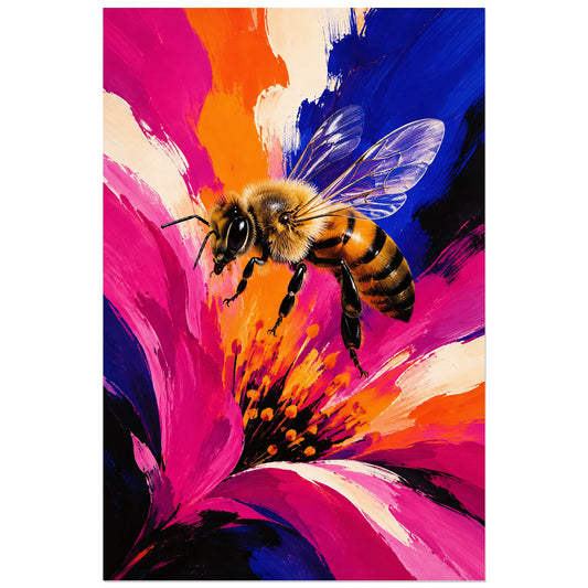 Affiche Abeille peinture – Vibration florale, peinture gestuelle / illustration contemporaine verticale, format 30 × 45 cm