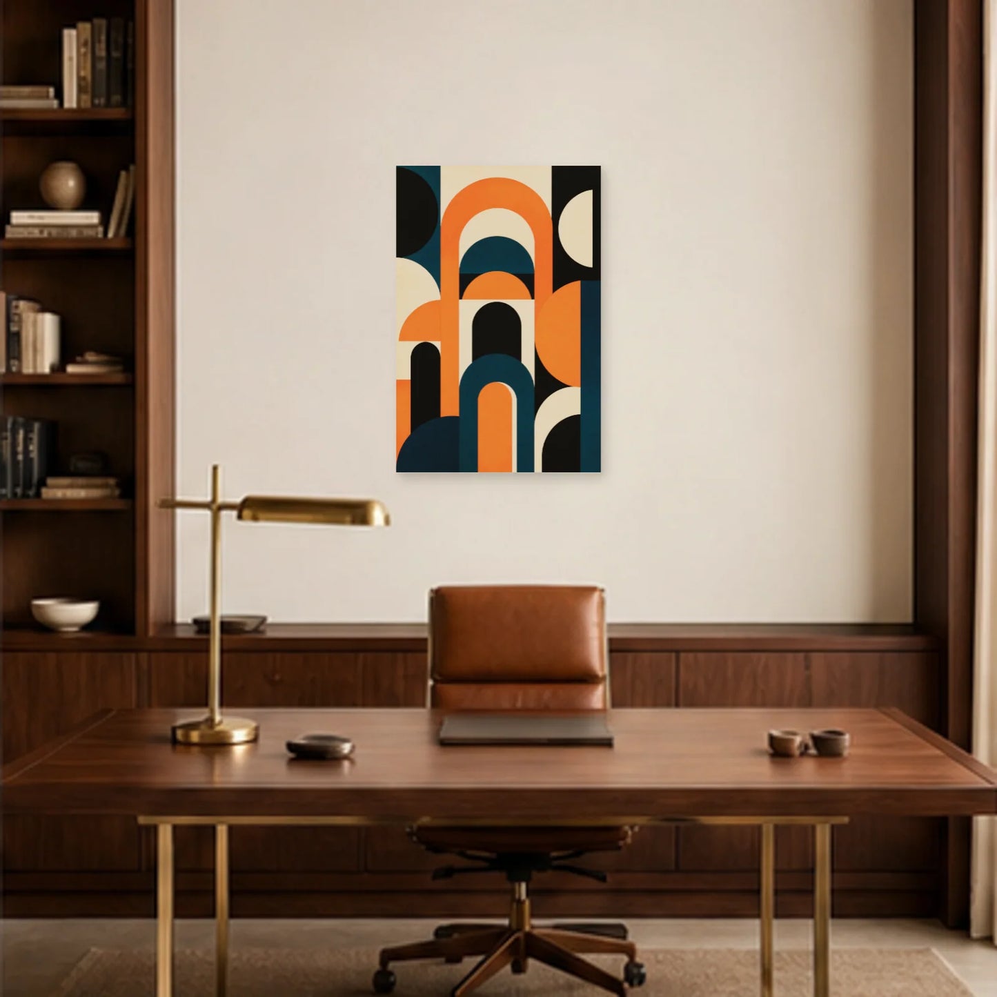 Affiche abstraite - Arches orange dans un bureau - Art Virtuoso