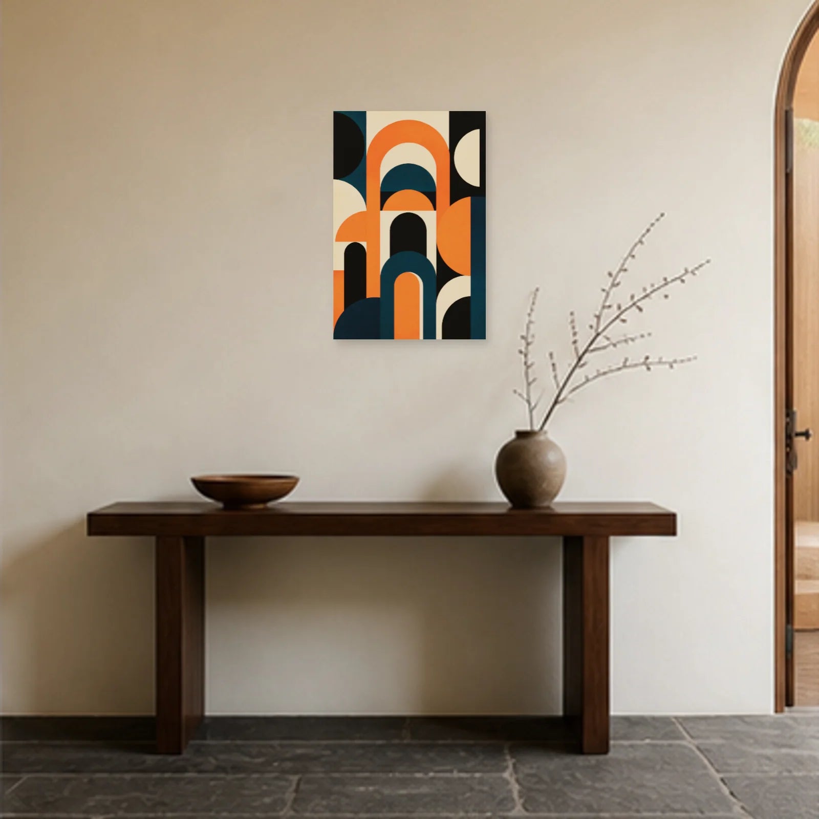 Affiche abstraite - Arches orange dans une entrée ou un couloir - Art Virtuoso