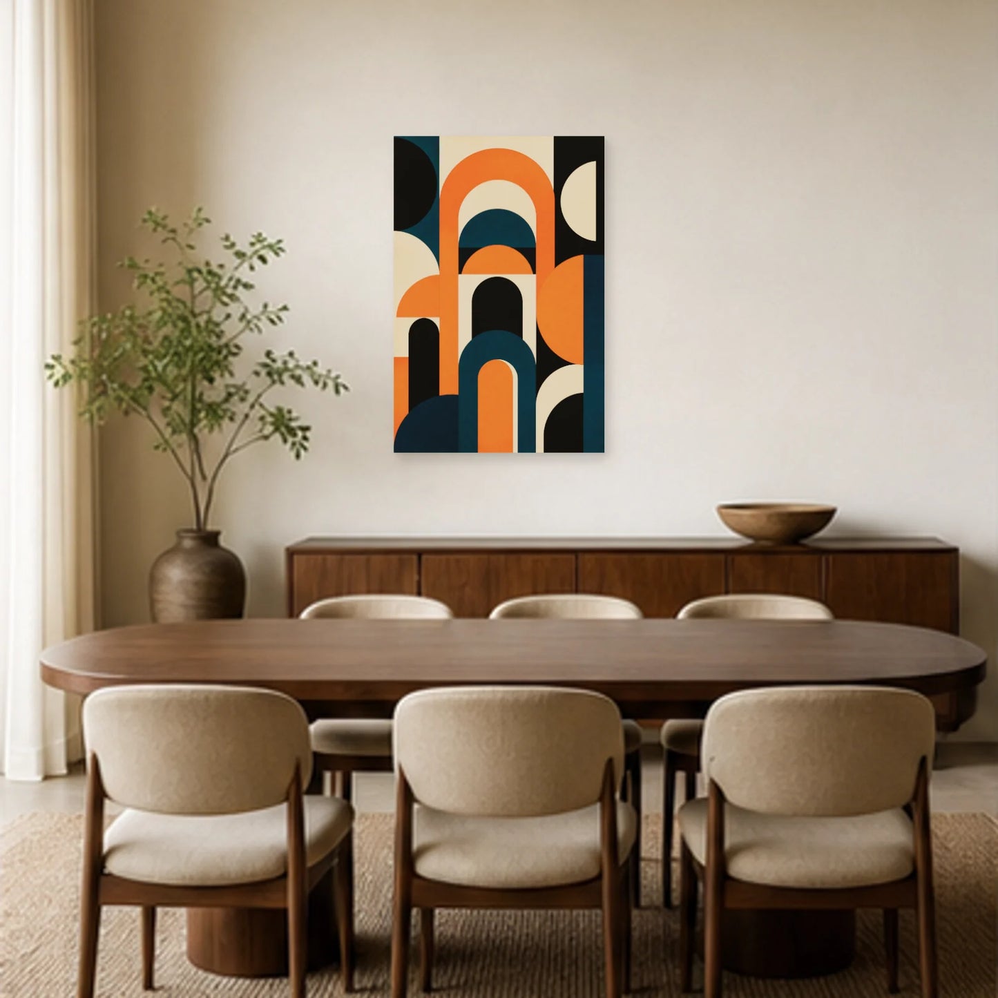 Affiche abstraite - Arches orange dans une salle à manger - Art Virtuoso
