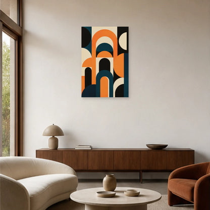 Affiche abstraite - Arches orange dans un salon - Art Virtuoso