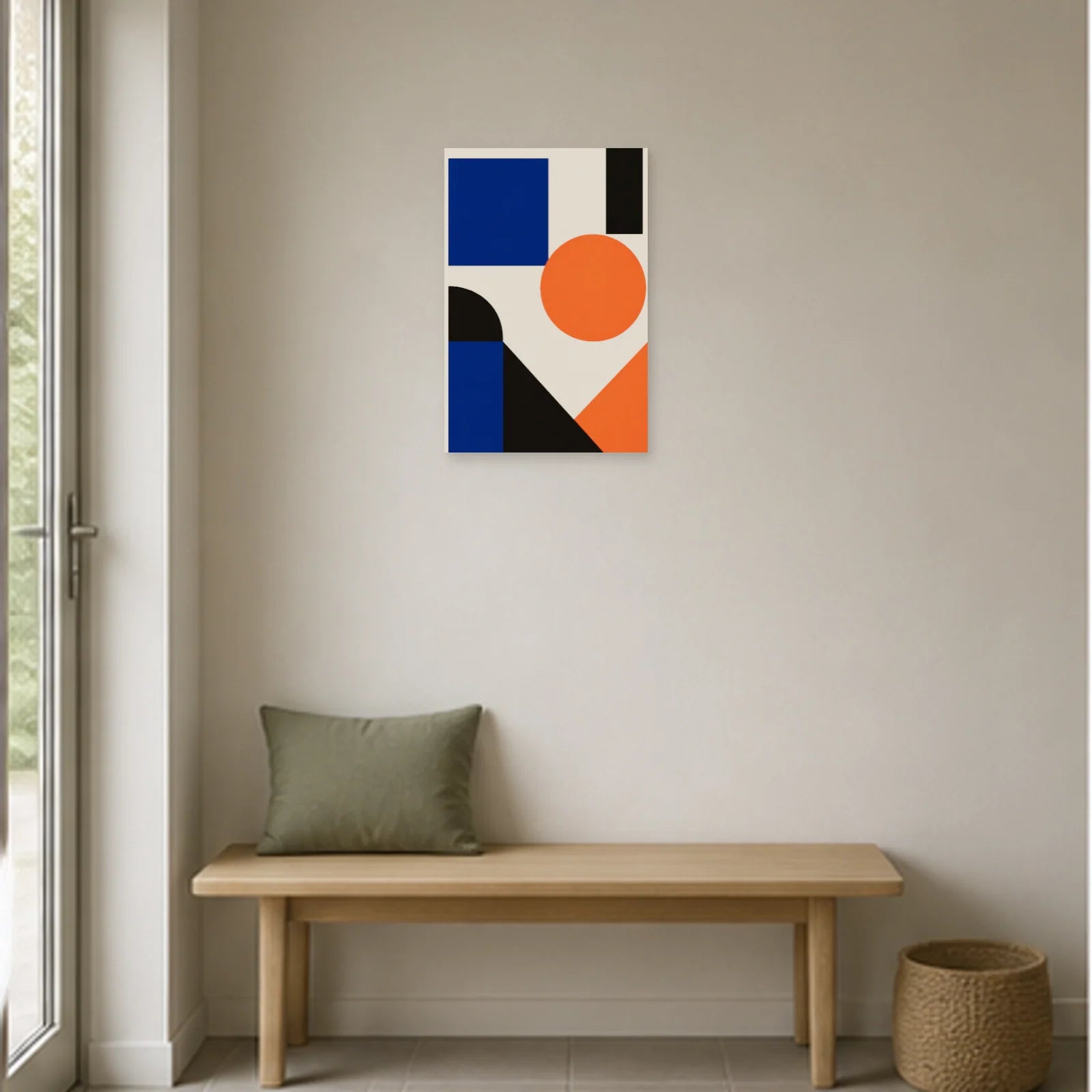 Affiche abstraite - Bleu et orange dans une entrée ou un couloir - Art Virtuoso