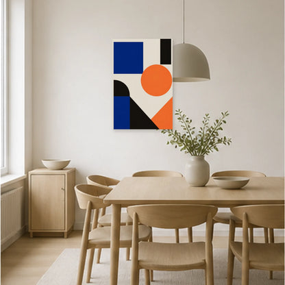 Affiche abstraite - Bleu et orange dans une salle à manger - Art Virtuoso