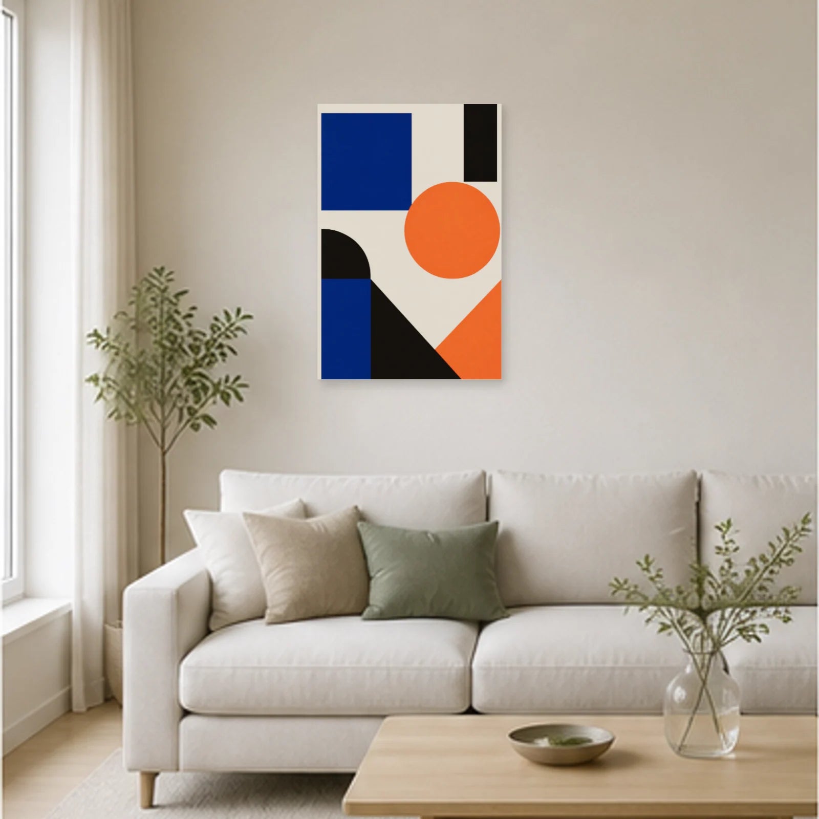 Affiche abstraite - Bleu et orange dans un salon - Art Virtuoso
