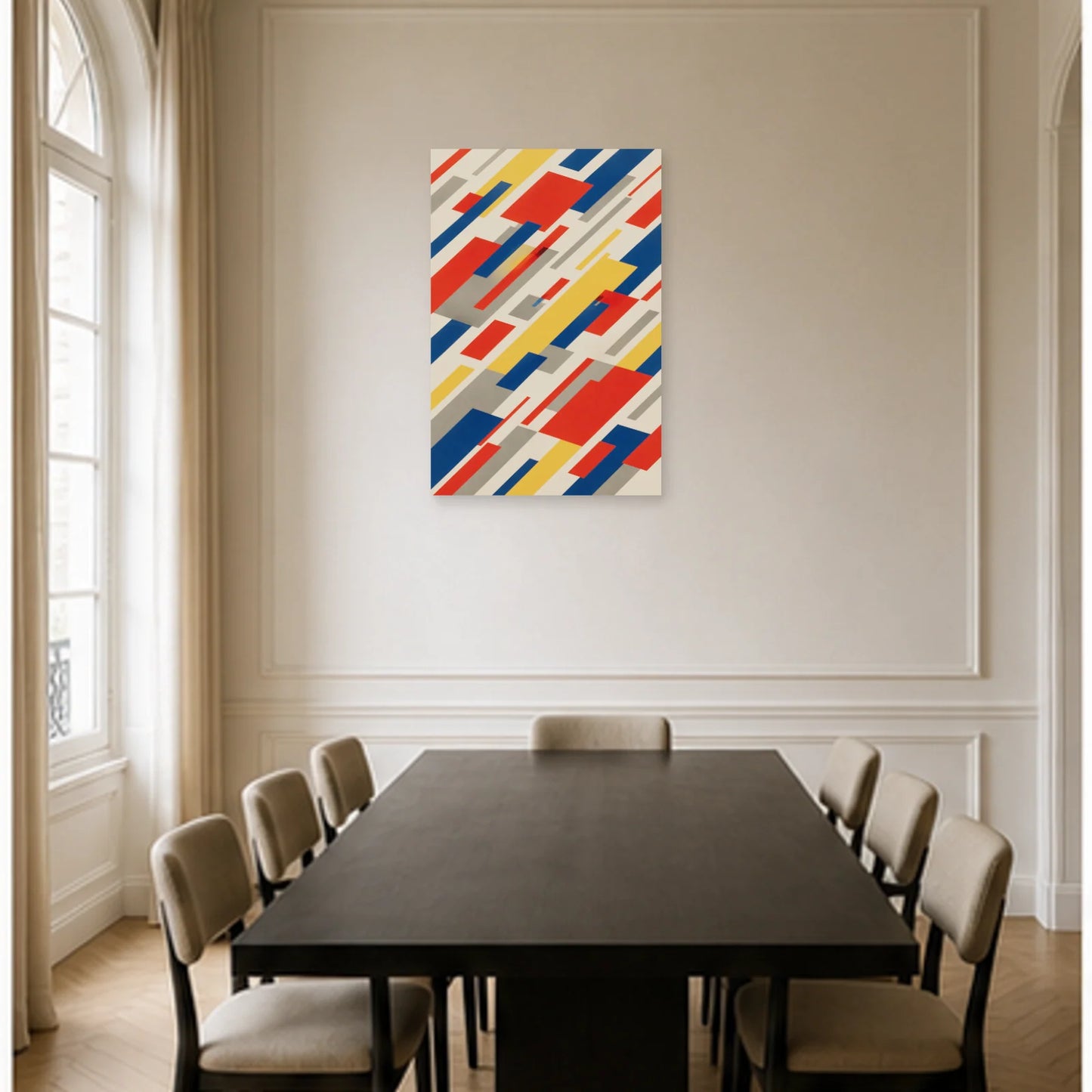 Affiche abstraite - Blocs en mouvement dans une salle à manger - Art Virtuoso