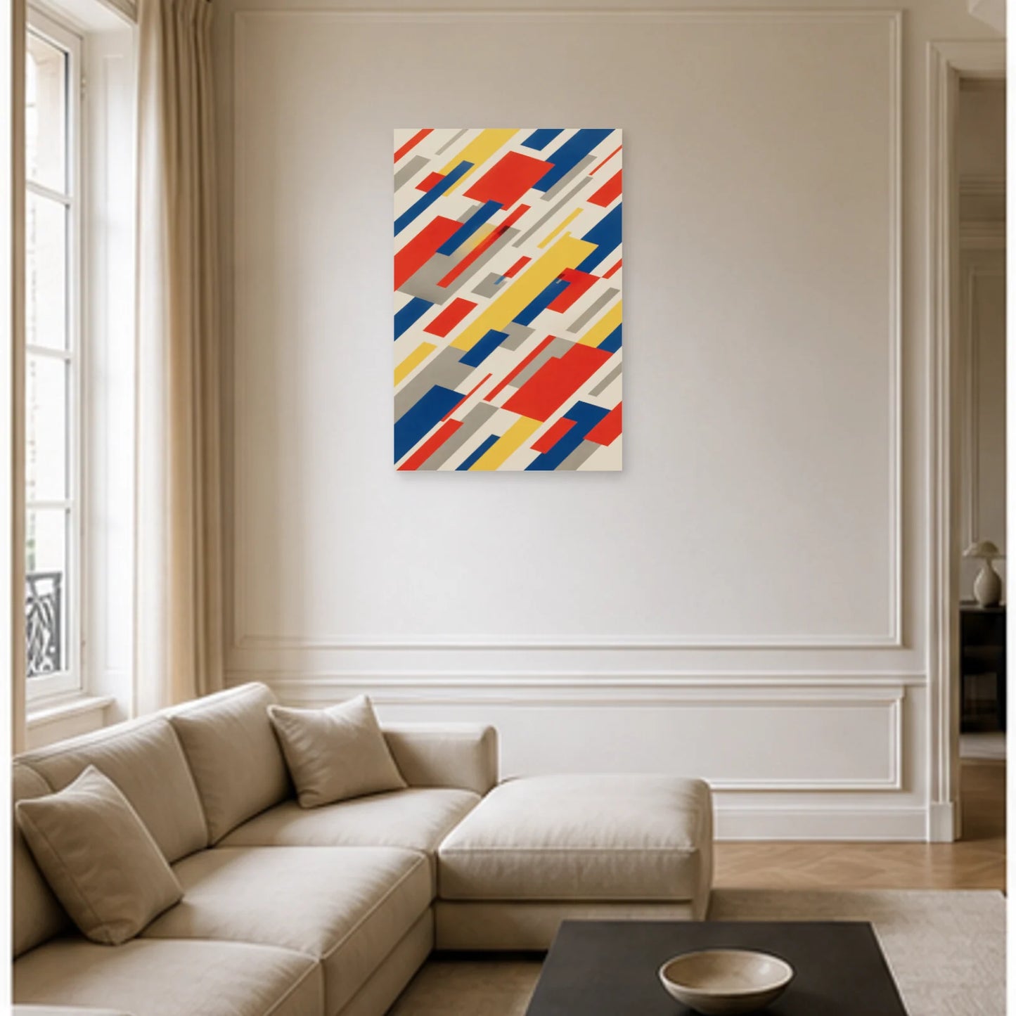 Affiche abstraite - Blocs en mouvement dans un salon - Art Virtuoso