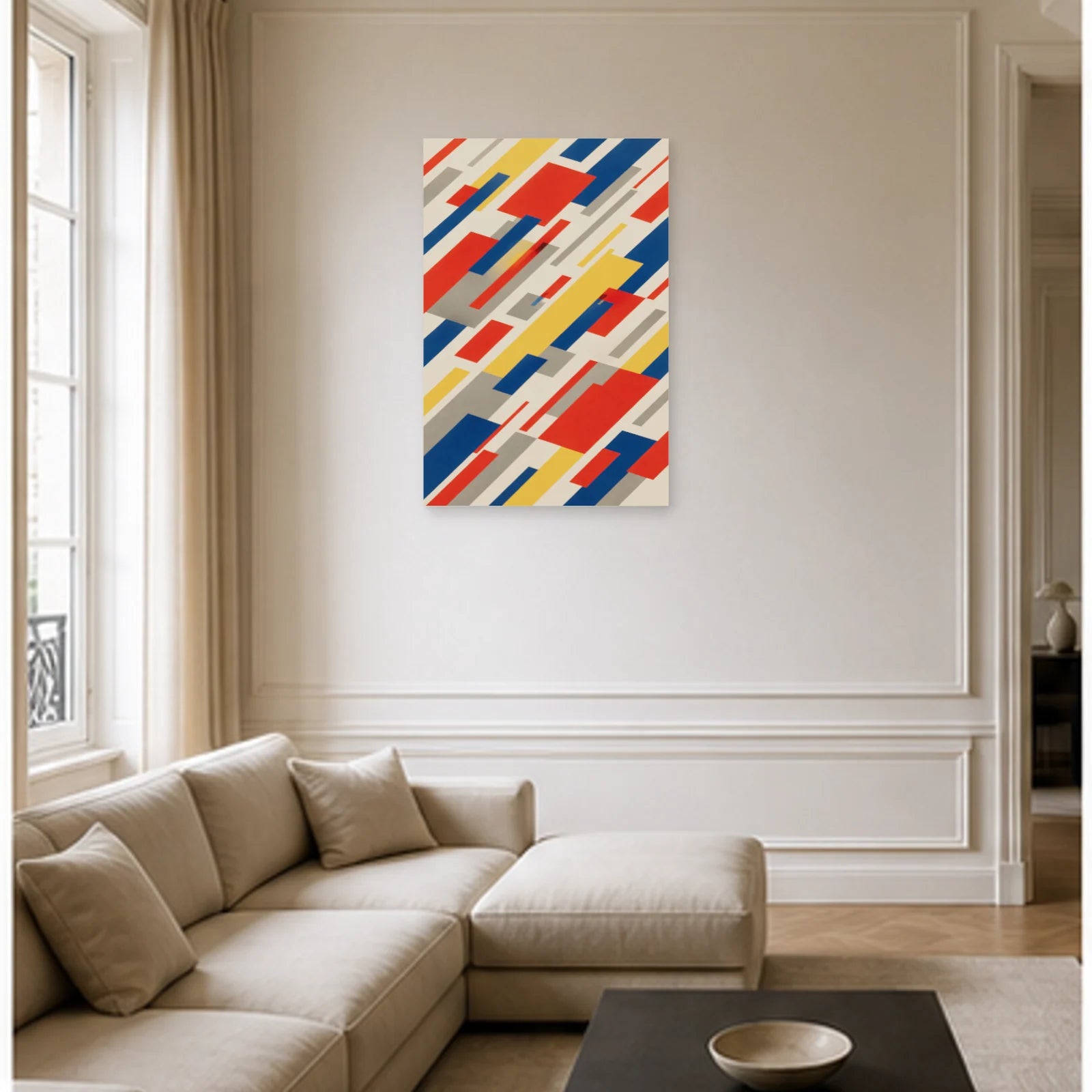 Affiche abstraite - Blocs en mouvement dans un salon - Art Virtuoso
