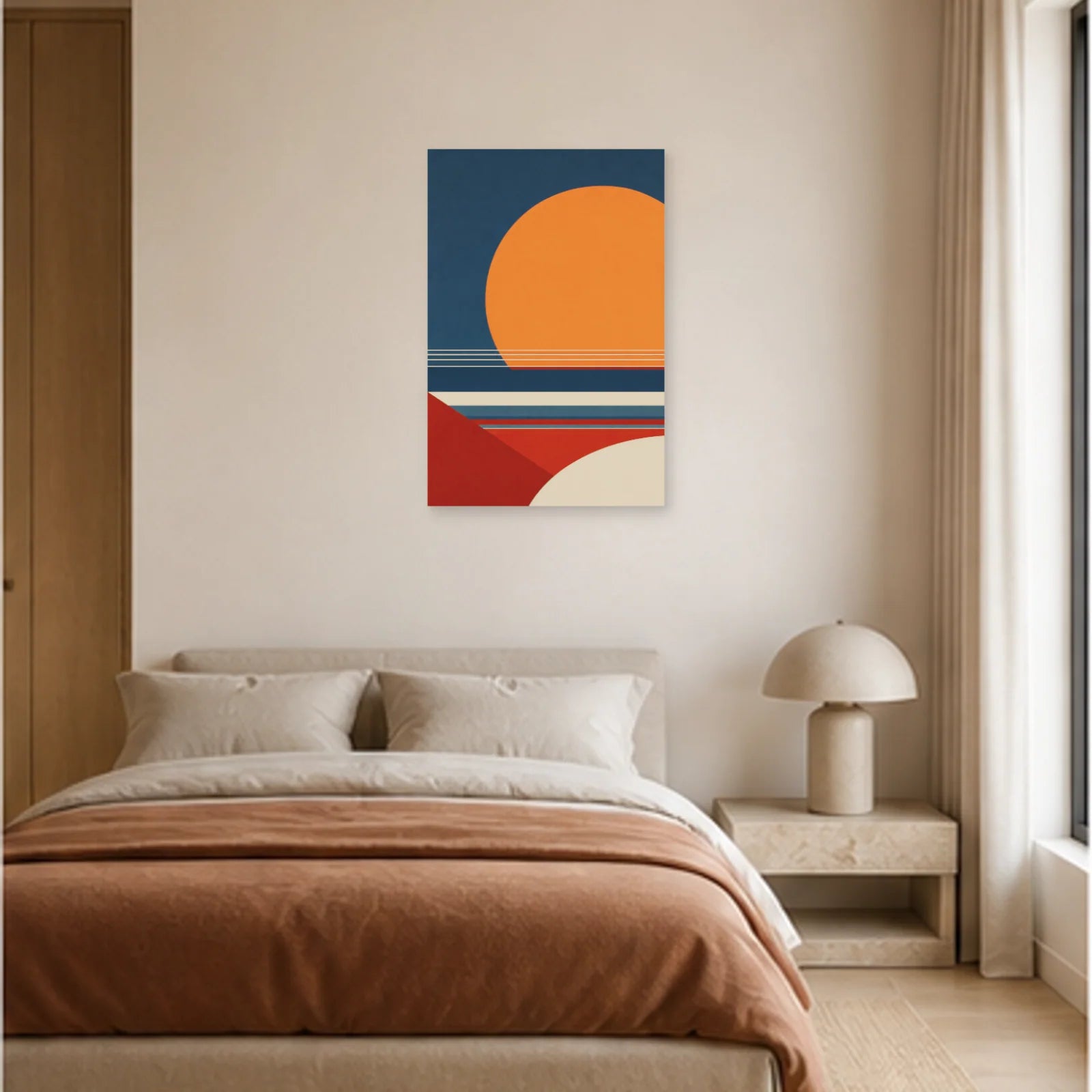 Affiche abstraite - Cercle et horizon dans une chambre - Art Virtuoso