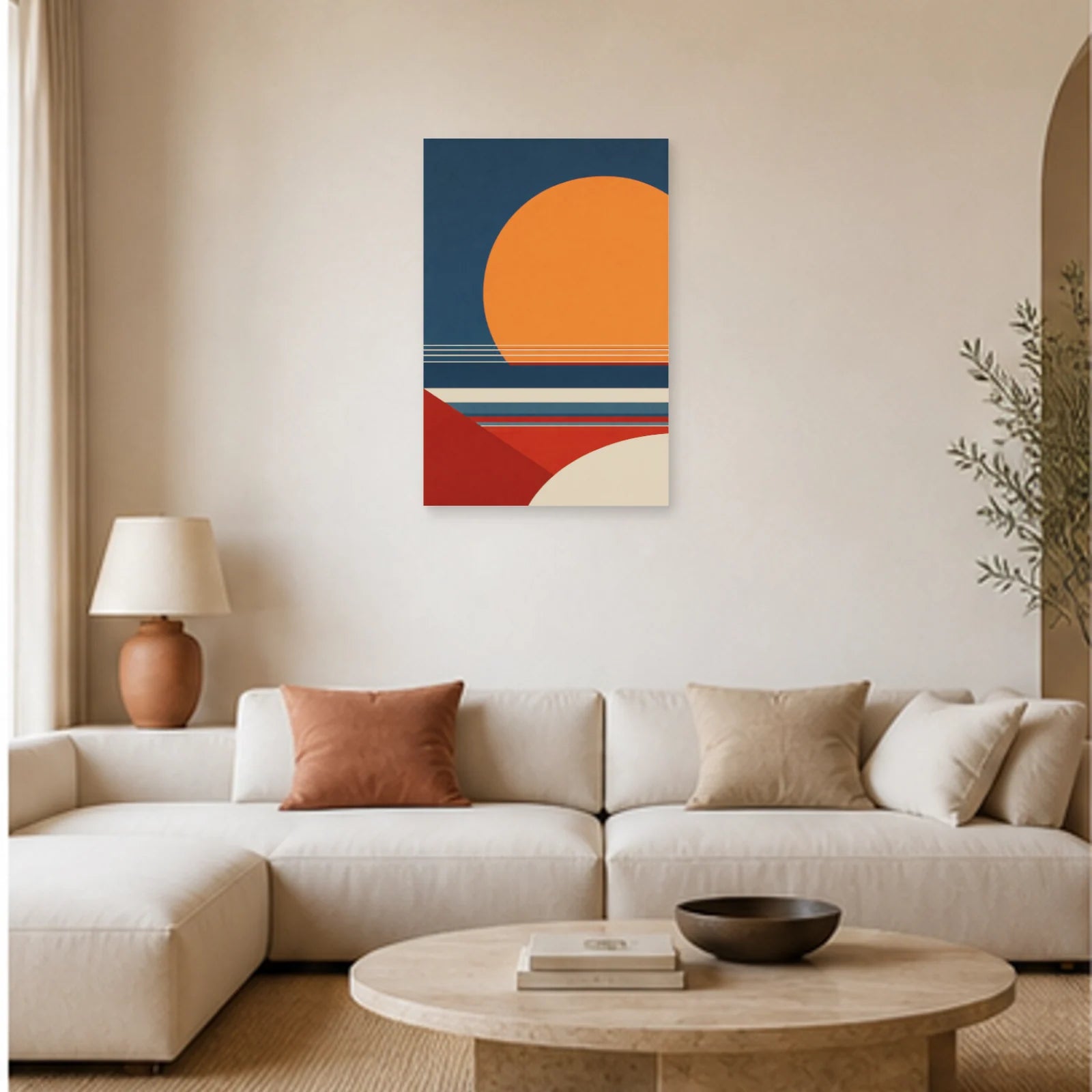 Affiche abstraite - Cercle et horizon dans un salon - Art Virtuoso