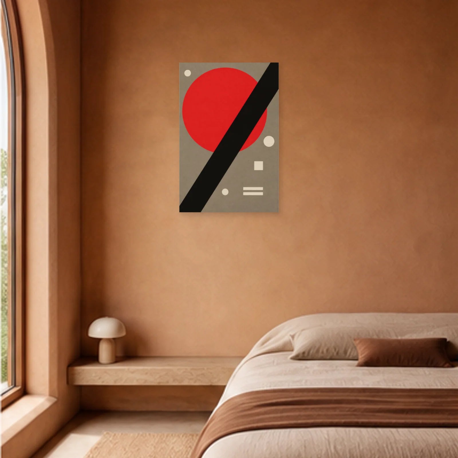 Affiche abstraite - Cercle rouge et barre noire dans une chambre - Art Virtuoso