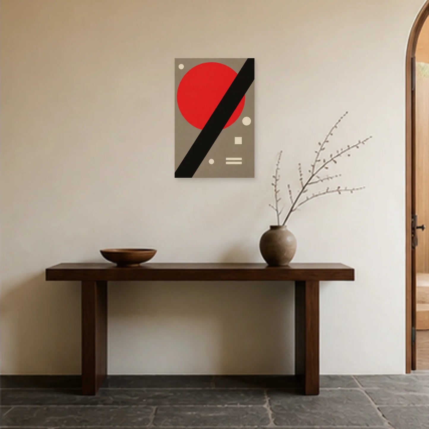 Affiche abstraite - Cercle rouge et barre noire dans une entrée ou un couloir - Art Virtuoso