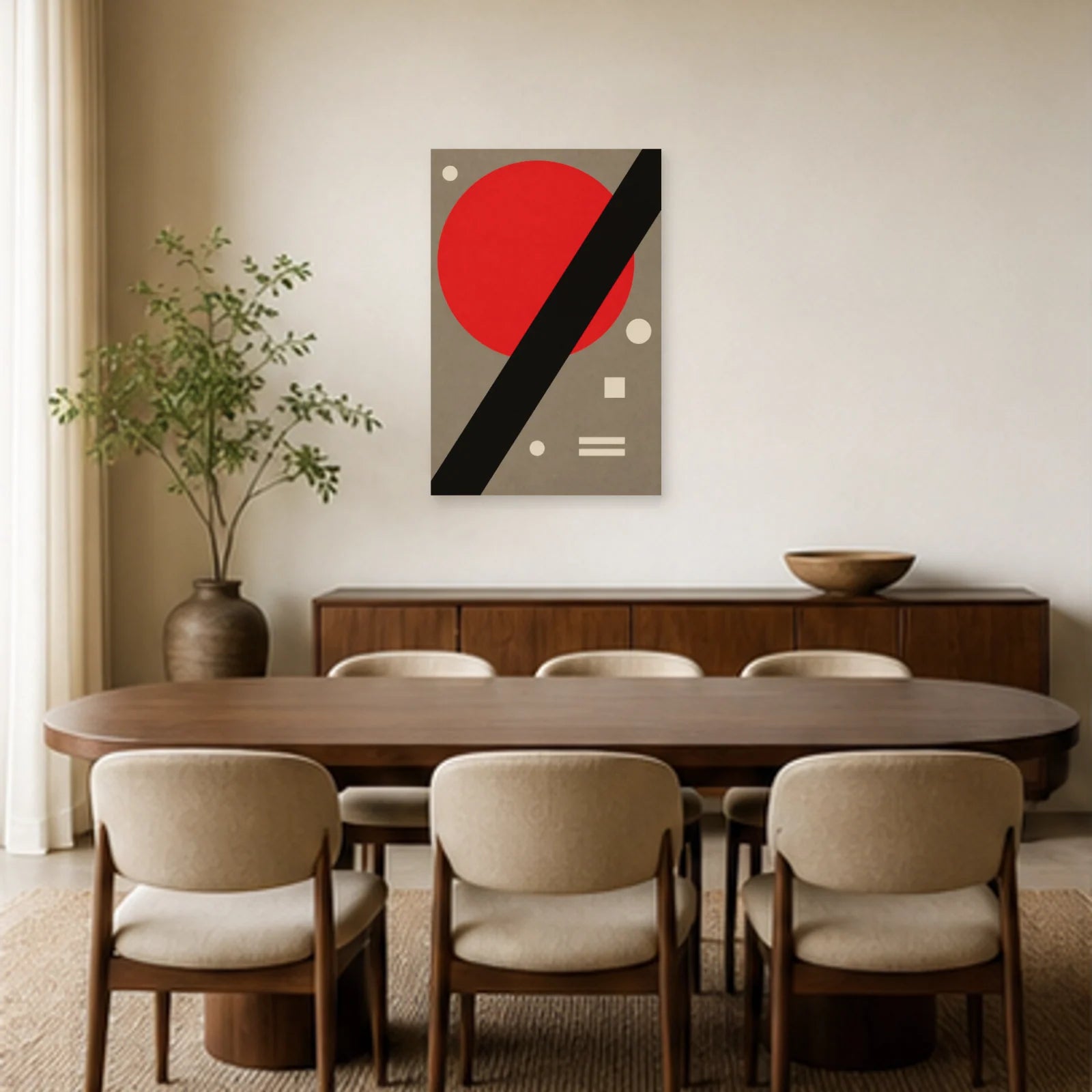 Affiche abstraite - Cercle rouge et barre noire dans une salle à manger - Art Virtuoso