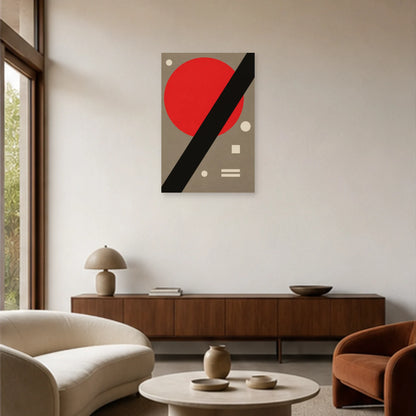 Affiche abstraite - Cercle rouge et barre noire dans un salon - Art Virtuoso