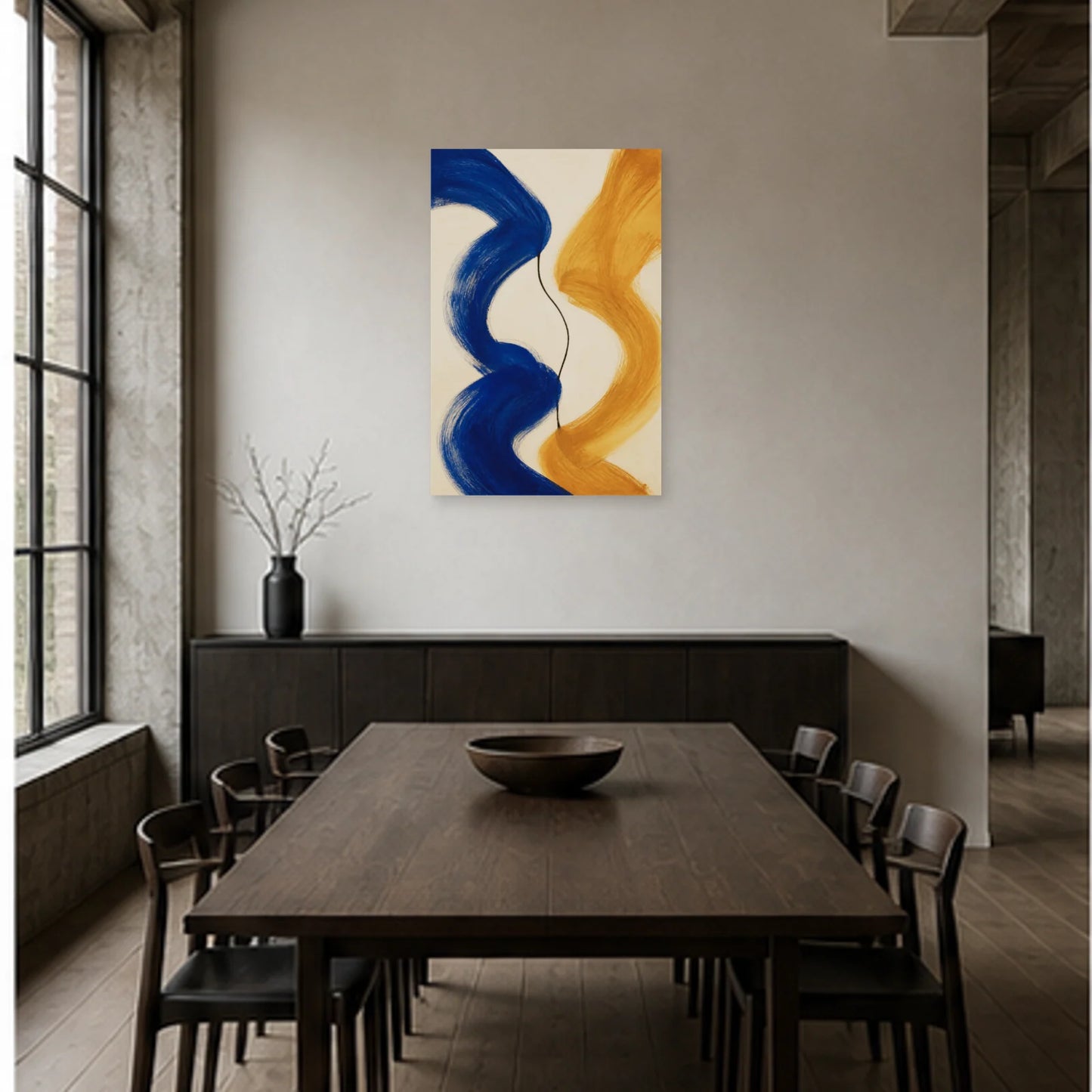 Affiche abstraite - Cobalt et ocre dans une salle à manger - Art Virtuoso