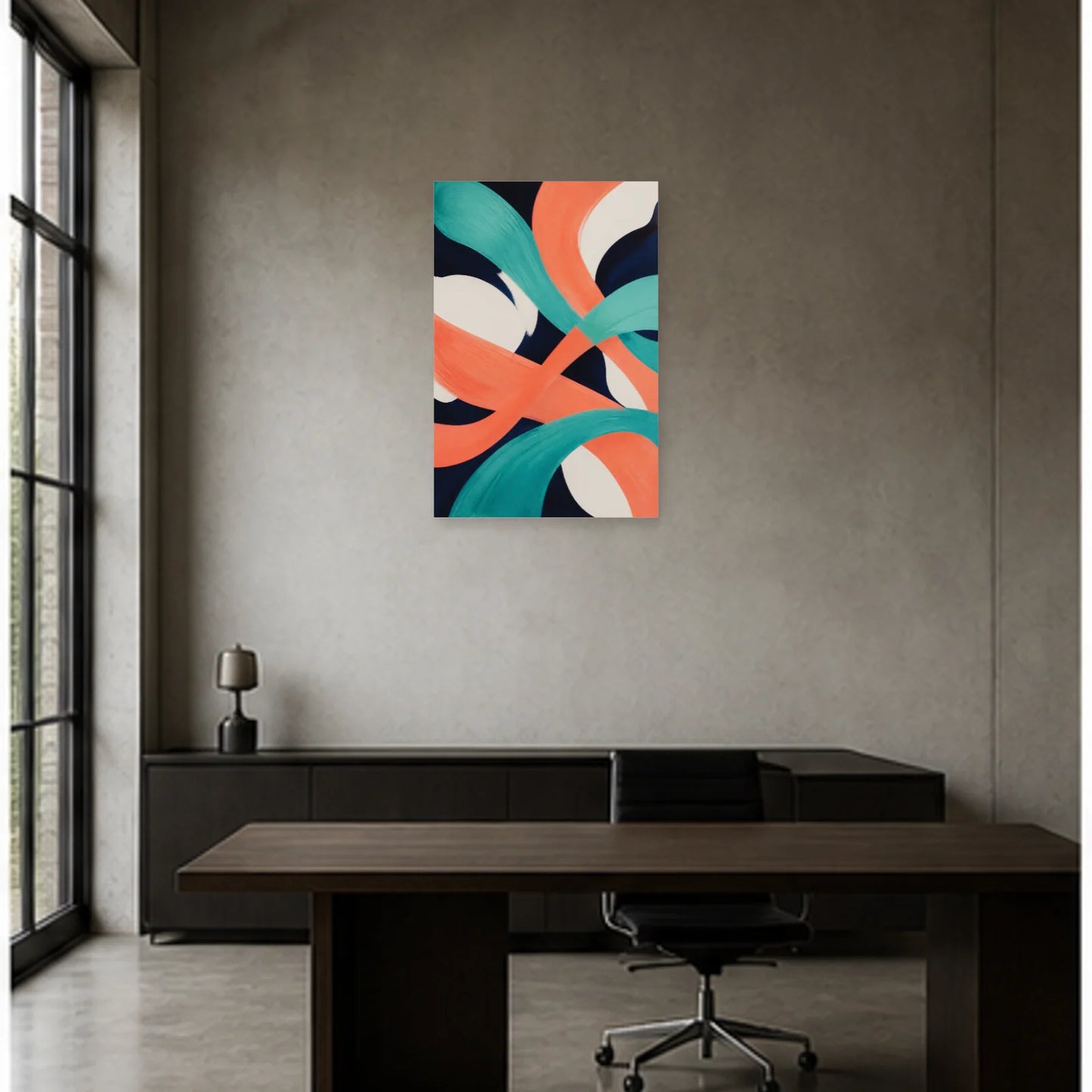 Affiche abstraite - Corail et turquoise dans un bureau - Art Virtuoso