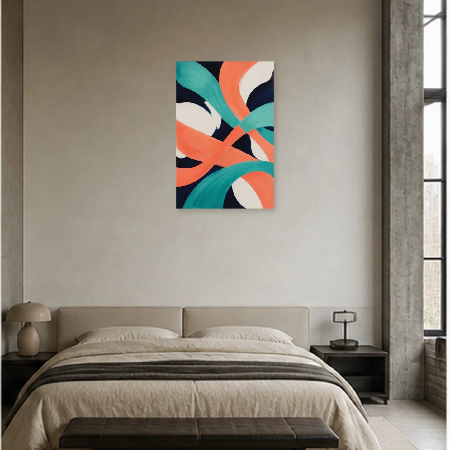 Affiche abstraite - Corail et turquoise dans une chambre - Art Virtuoso