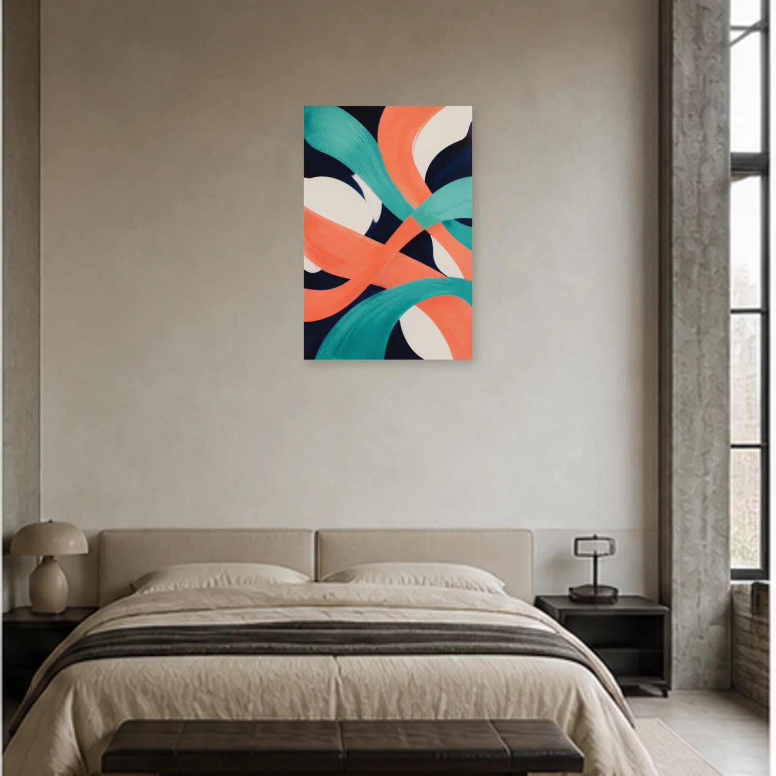Affiche abstraite - Corail et turquoise dans une chambre - Art Virtuoso
