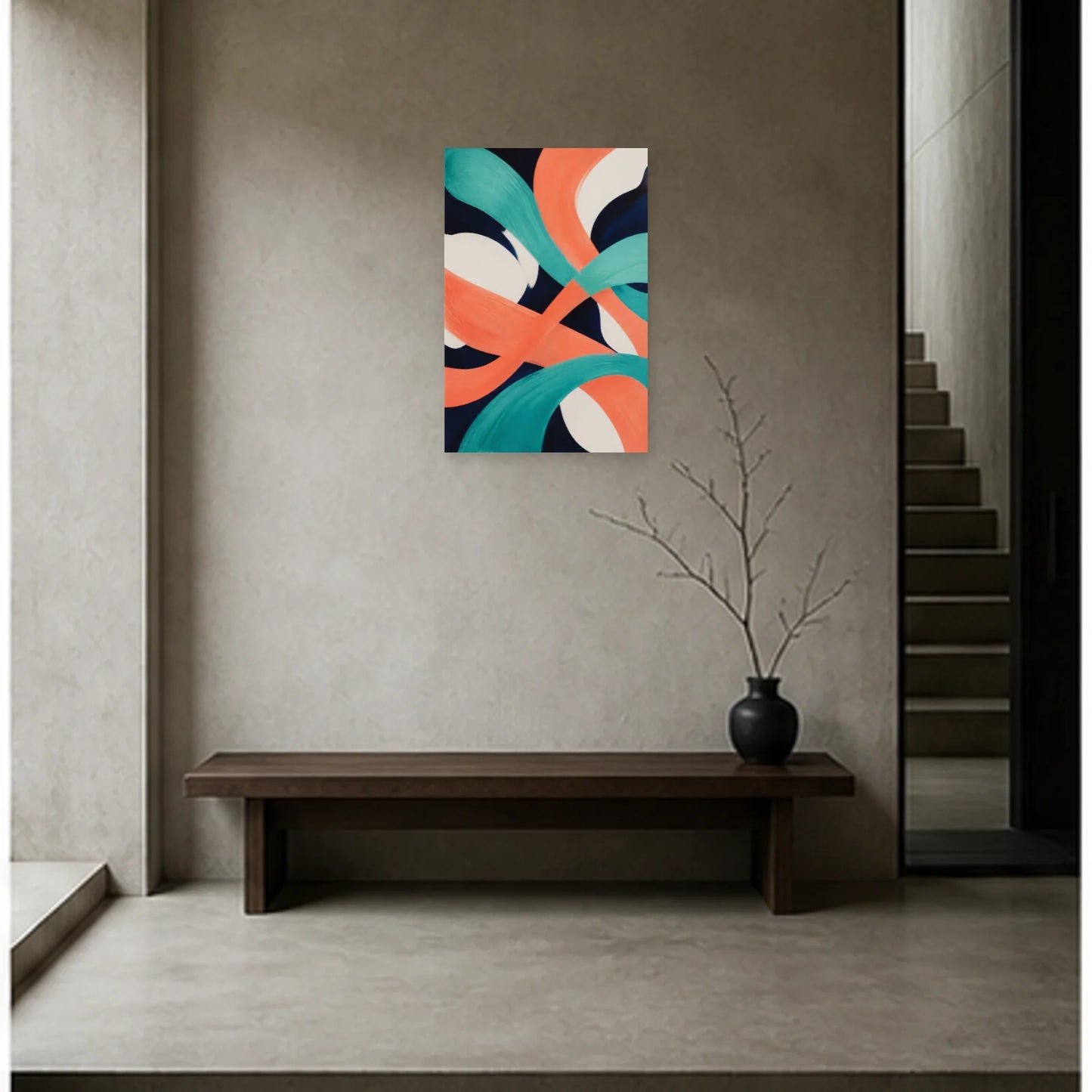 Affiche abstraite - Corail et turquoise dans une entrée ou un couloir - Art Virtuoso